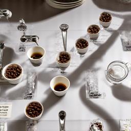 Mesa elegantemente preparada para cata de café con cucharas de degustación y pequeñas tazas, granos variados