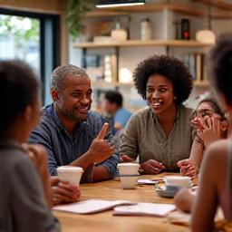 Grupo de personas conversando animadamente en mesa de café, intercambiando idiomas