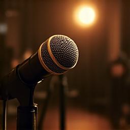 Micrófono vintage en escenario íntimo con luces cálidas, listo para un recital de poesía