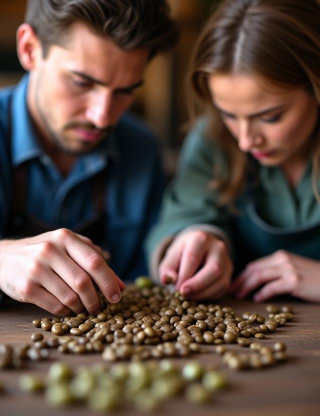 Baristas fundadores examinando granos de café verde con dedicación