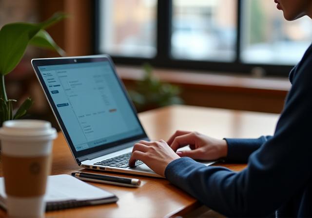 Cliente concentrado trabajando con su portátil y un café de especialidad en una zona tranquila de la cafetería